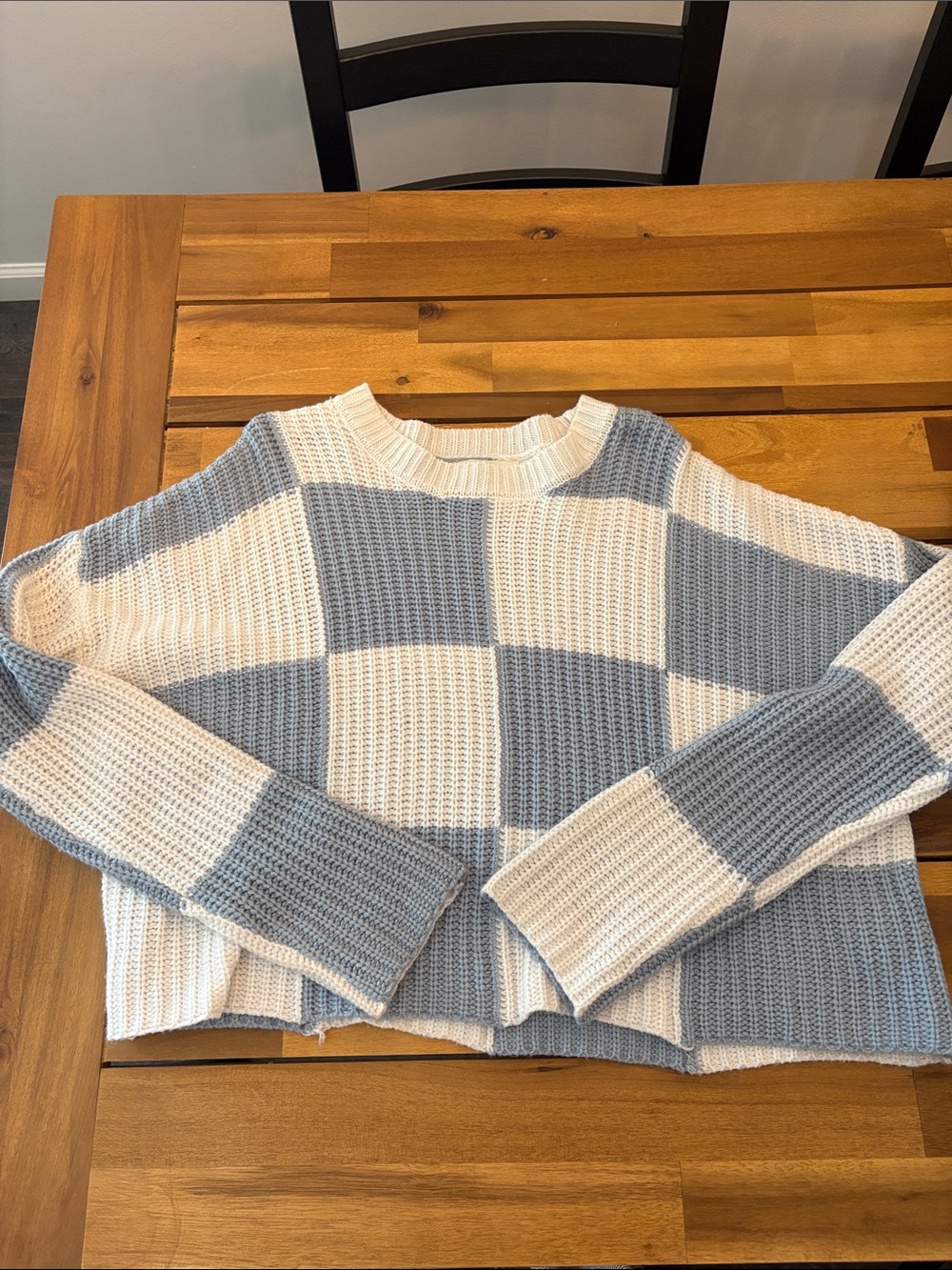 Cropped Chunky Knit Check Sweater - Blue & White